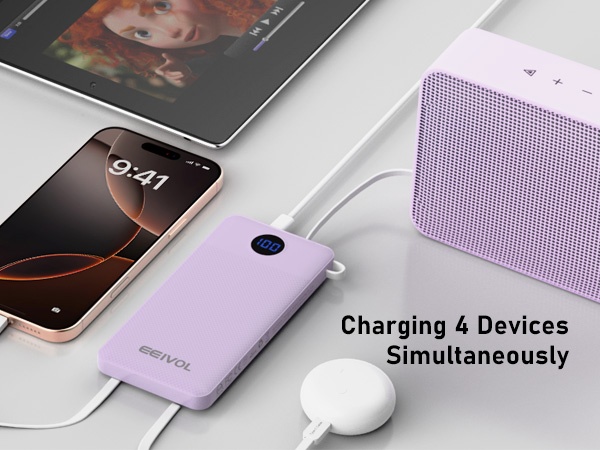Charging 4 Devices Simultaneously portable charger with Built in Cables