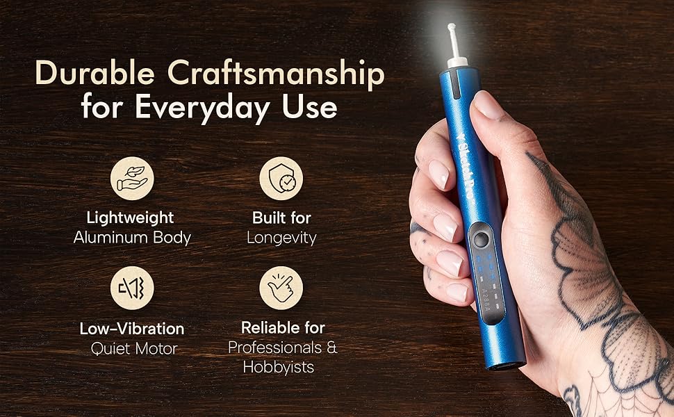 Mini rotary tool with LED light, quiet motor, aluminum body, USB rechargeable for artists