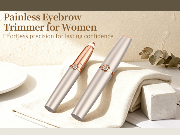 Text reads 'Painless Eyebrow Trimmer for Women'. Product images showing sleek silver handheld beauty device from multiple angles on neutral background.