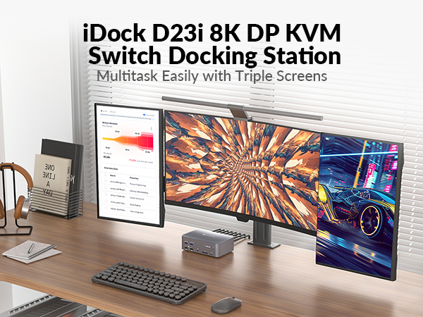 Text reads 'iDock D23i 8K DP KVM Switch Docking Station', 'Multitask Easily with Triple Screens'. Desktop setup showing multiple monitors and docking station.