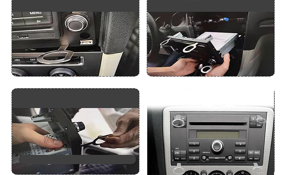 Four-panel image of car interior features: center console controls, glove compartment with papers, hands operating a device, and a car stereo system with buttons and display.