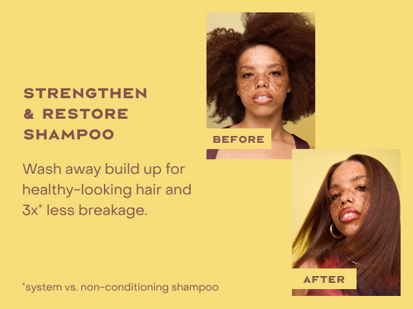 2 images of the same woman before &amp; after applying our treatment for healthy-looking hair.