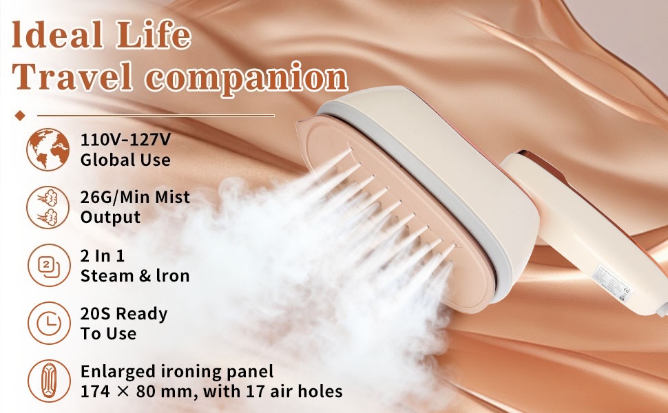 Travel Steamer – 110–127V, 26g/min steam, 2-in-1 iron &amp;amp;amp; steamer, ready in 20s.
