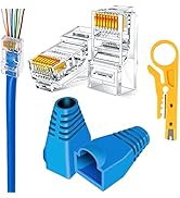 RJ45 Cat6 Connector Pass Through Etnernet Cat6 Ends for 24AWG Cable and Blue Strain Relief Boots ...