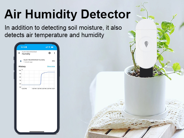 Text reads 'Air Humidity Detector' followed by 'It monitors and detects air temperature and humidity.' White device shown in clean, minimalist indoor setting with plants.