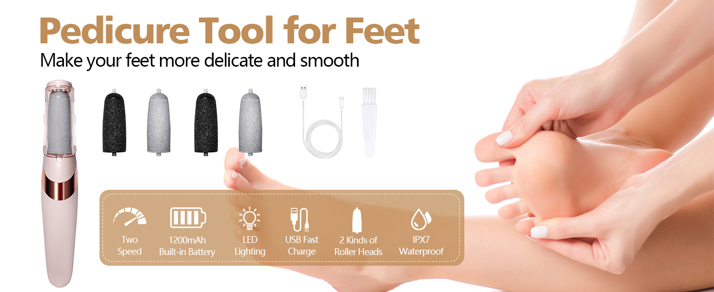 Text reads 'Pedicure Tool for Feet'. Product demonstration images showing foot care tool being used on feet, with multiple attachment heads shown.