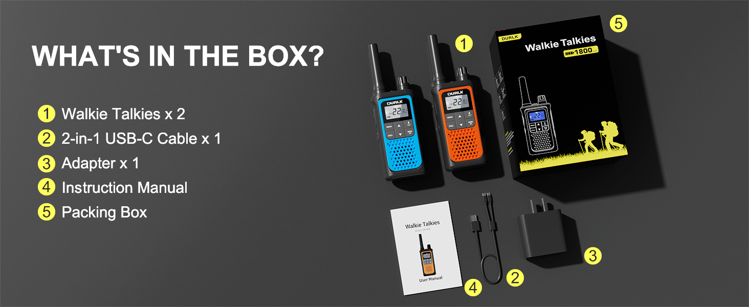 The package includes 4 rechargeable walkie talkies charging cables adapters instructions and box