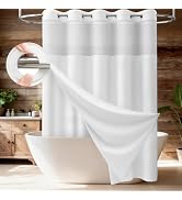 BTTN White Ringless Shower Curtain Set, 3 in 1 Linen Textured Fabric Shower Curtain with Snap in ...