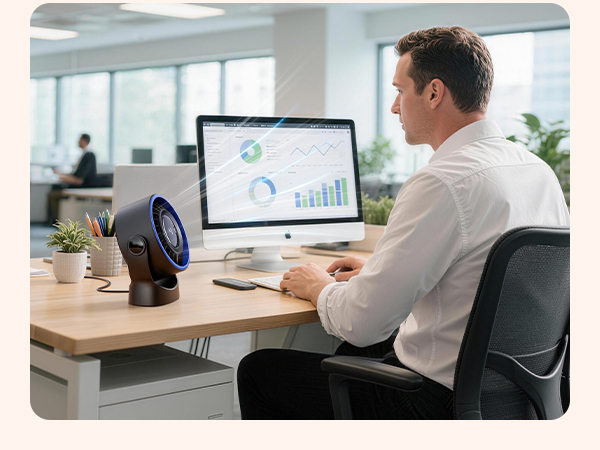 Office setting with computer workstations showing data analytics displays. Multiple monitors displaying graphs and business metrics in a modern workspace environment.