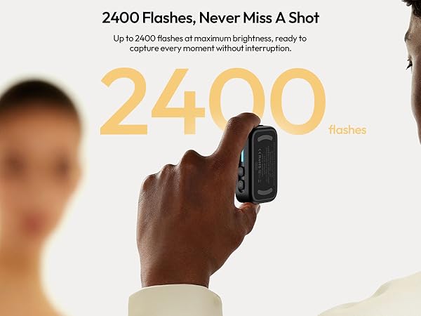 Text reads '2400 Flashes, Never Miss A Shot'. Product demonstration of camera flash capability with multiple example shots showing consistent flash performance.