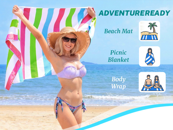 Text reads 'ADVENTUREREADY Beach Mat Picnic Blanket Body Wrap'. Colorful striped beach towel product with person wearing it, showing multiple product use cases at seaside.
