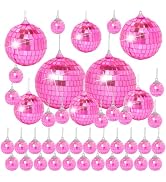 Pink Mini Disco Ball Decor: 42 Pack Hanging Mirror Ball Ornaments Different Sizes - Disco Balls D...
