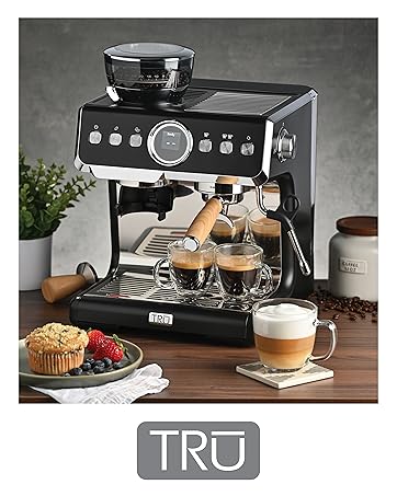 TRU automatic espresso machine with grinder black and silver with brewed espresso and latte