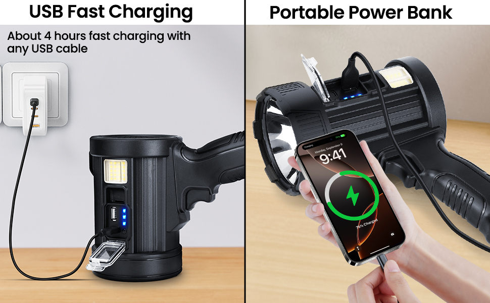 Rechargeable Spotlight Super Bright Handheld Flashlight Powered Large Searchlight Boating
