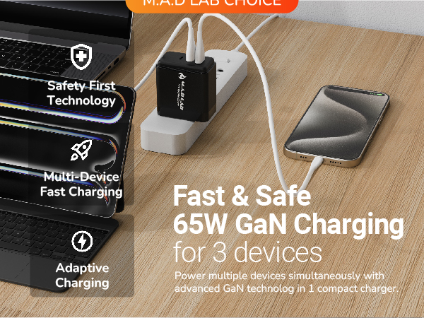 Fast &amp; Safe 65W GAN Charging for 3 devices