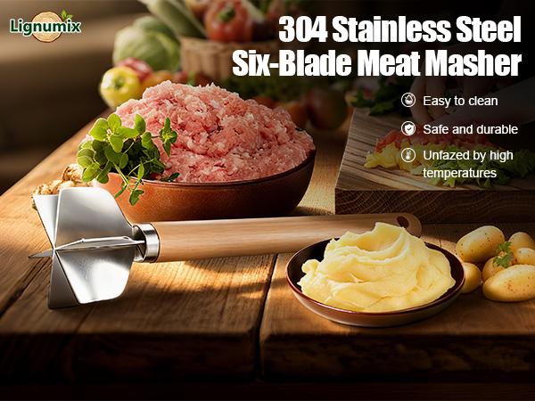304 Stainless Steel Meat Chopper FoodGrade 6-BladeGround BeefChopper Potato Masher Hamburger Smasher