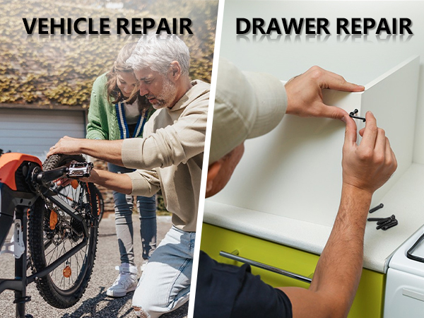 Split image showing bicycle repair on left and drawer repair on right, with 'VEHICLE REPAIR' and 'DRAWER REPAIR' text headers.