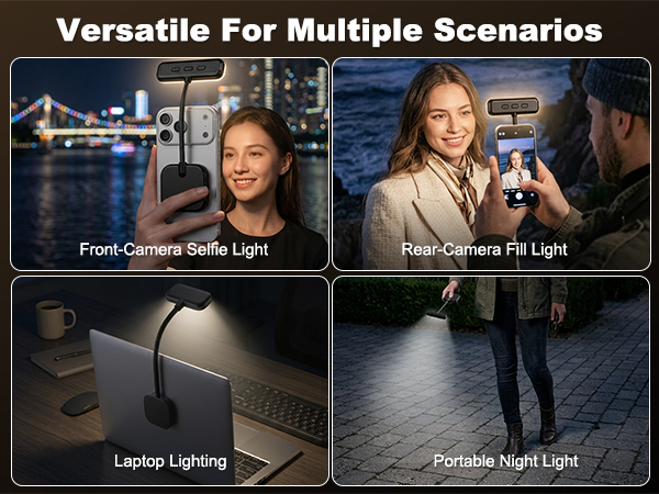 Text reads 'Versatile For Multiple Scenarios' with four photos showing: Front-Camera Selfie Light, Rear-Camera Fill Light, Laptop Lighting, and Portable Night Light usage scenarios.
