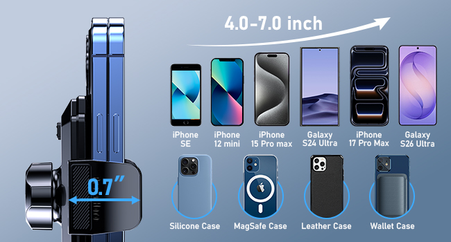 Text reads '4.0-7.0 inch' with smartphone holder displaying iPhone, iPhone Plus, iPhone Pro, iPhone Pro Max, Samsung models. Accessories shown: silicone case, magnetic grip, leather case, wallet card holder for 4.0-7.0 inch devices.