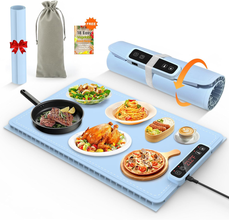 Food Warming Mat with anti Scald Mat Storage Bag Safety Lock,  Silicone Electric Warming Tray for Food with 5 Temperature 4 Time Moder, Roll up Portable Food Warmers for Parties Buffet Gatherings