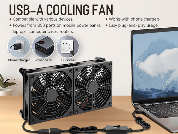 usb powered fan 5v phone charger power bank usb-a flat av receiver dual fan for router xbox ps4 ps5