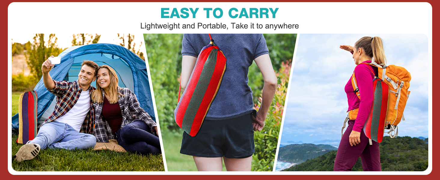 Text reads 'EASY TO CARRY - Lightweight and flexible, fits in anywhere.' Product demonstration showing camping and hiking scenarios across three panels.