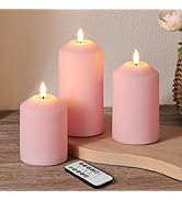 Girimax Pink Flameless Pillar Candles with Remote, Real Wax LED Candles Battery Powered Flickerin...