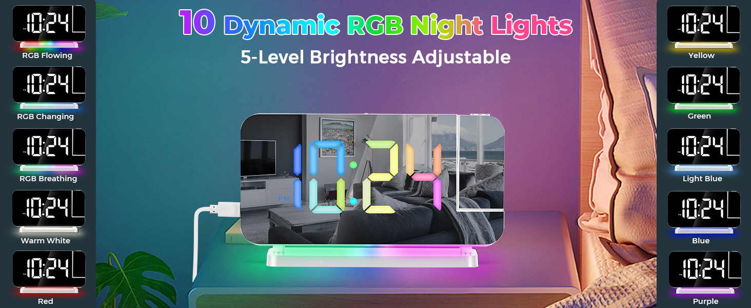 led mirror digital alarm clock with rgb night light