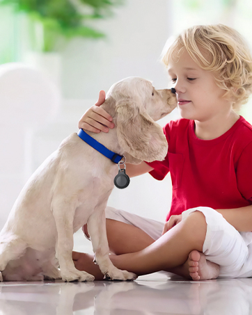 A light-colored puppy wearing a blue collar with a tag sits next to a child in a red shirt. The puppy is licking the child's face.