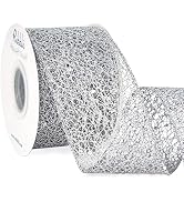 Ribbli Christmas Ribbon,Glitter Mesh Wired Ribbon for Christmas Tree, Silver Sparkling Ribbon 2.5...