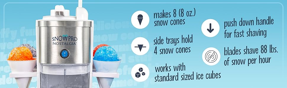 Makes 8 oz snow cones, side trays hold 4 snow cones, works with standard sized ice cubes