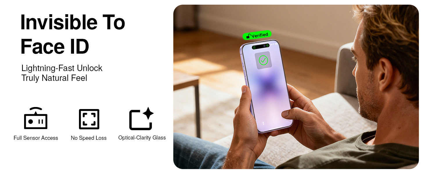 Text reads 'Invisible To Face ID'. Image shows person holding smartphone, demonstrating facial recognition feature.
