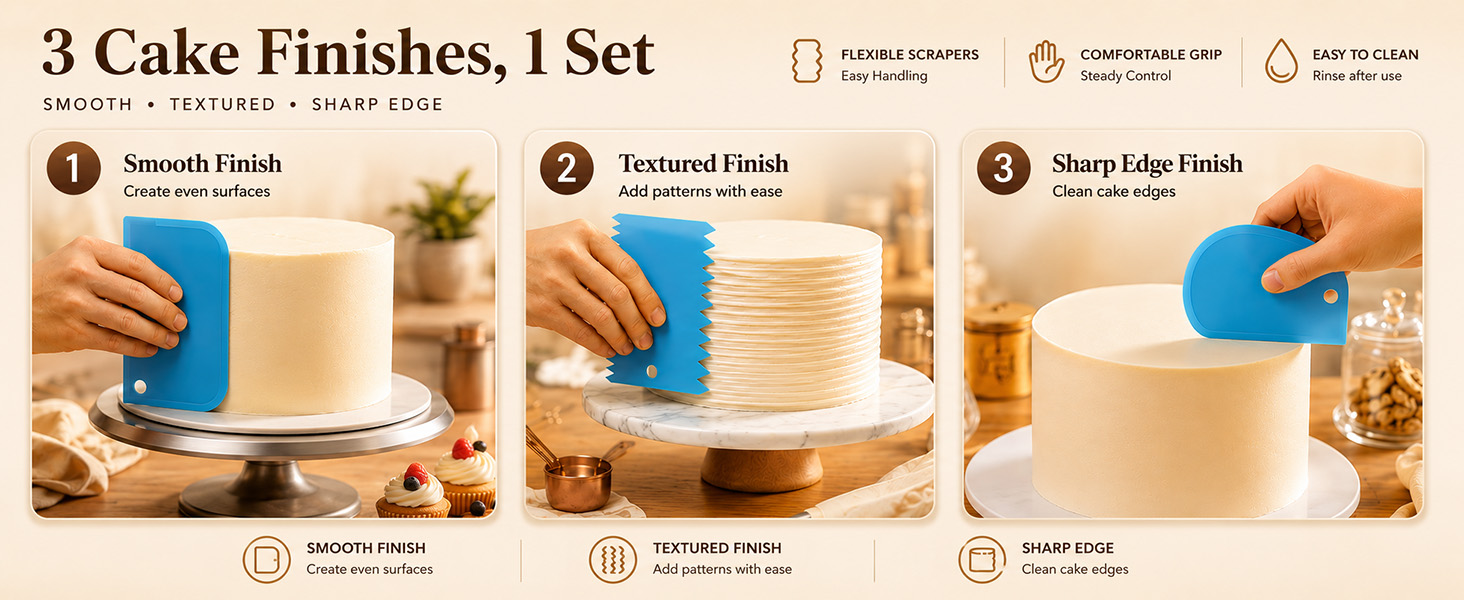Byfryna cake decorating scrapers for smooth, textured and sharp edge finishes