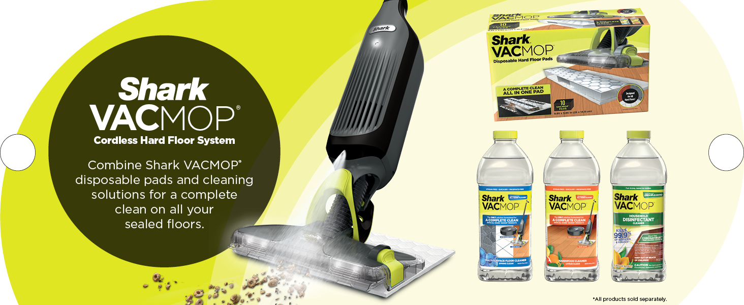 Combine Shark VACMOP disposable pads and cleaning solutions for a complete clean VACMOP