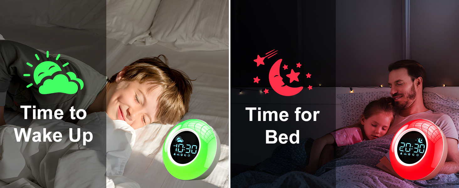clock illumates green in the morming to wake kids up and turn red light on to cues child for bed