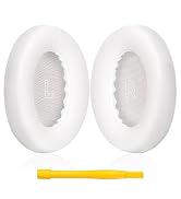 Pair of white oval-shaped cushioned ear pads with subtle mesh texture and internal padding visible.