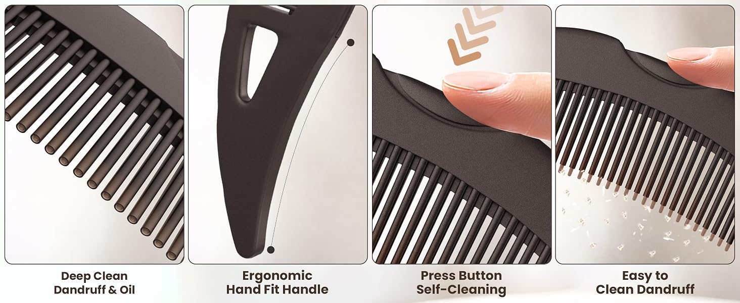 Close-up of self-cleaning dandruff comb with deep-clean teeth, ergonomic handle, press-button clean.
