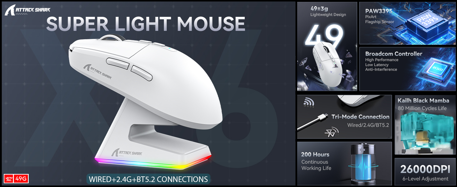 49g Super Light 3395 Gaming Sensor BK3633 Tri-modes mouse 80 Million Clicks 200 Hours Battery