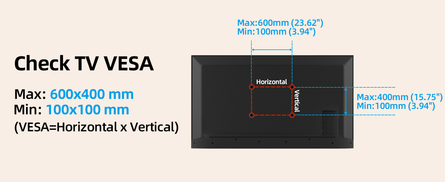Diagram showing TV VESA mount compatibility. Maximum size 600x400 mm, minimum 100x100 mm. Horizontal and vertical measurements illustrated on a TV outline.