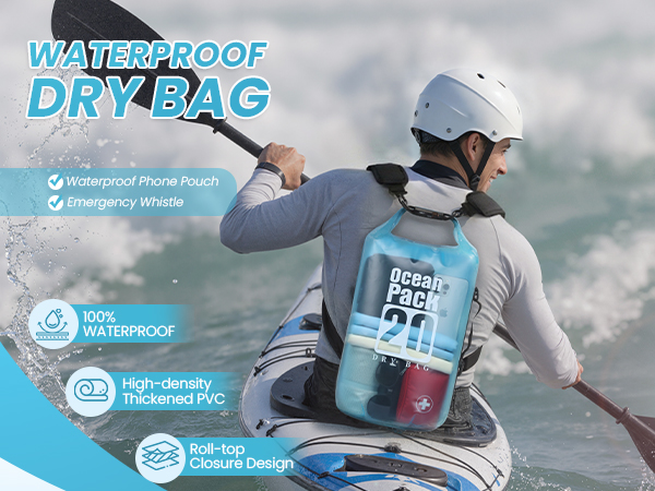 Waterproof dry bag set includes waterproof phone pouch and emergency whistle, ideal for kayaking