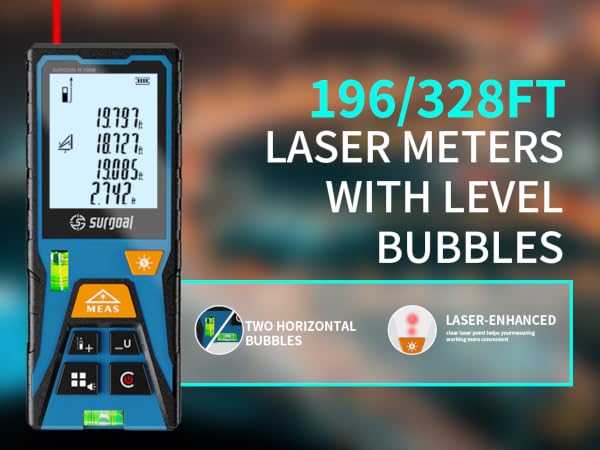 laser measure with 196/328ft range, dual bubbles, laser-enhanced aiming.