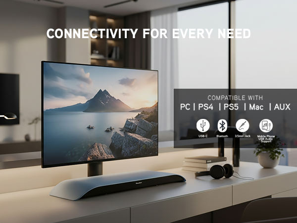 Soundblade desktop soundbar modern workspace with USB-C, Bluetooth and AUX connectivity icons