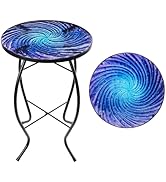 MUMTOP Outdoor End Tables for Patio, Deep Sea Round Side Table, Glass Accent Table for Outside, G...