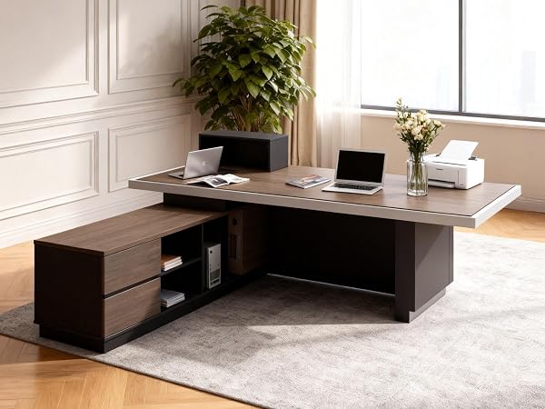 86.6” Luxury L-Shaped Office Desk, Large Executive Office Desk with Storage