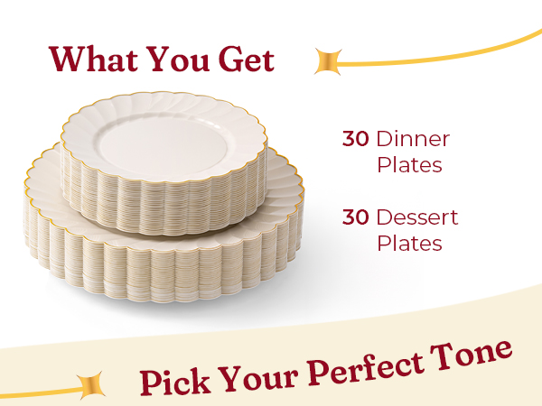 By Madee Ivory Scalloped Plastic Plates with Gold Trim 60 Pcs