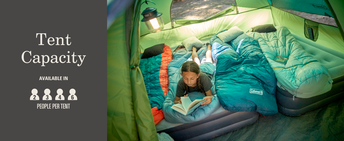 coleman tent capacity people comfortable sleep stand walk gear sleeping bag air mattress girl read