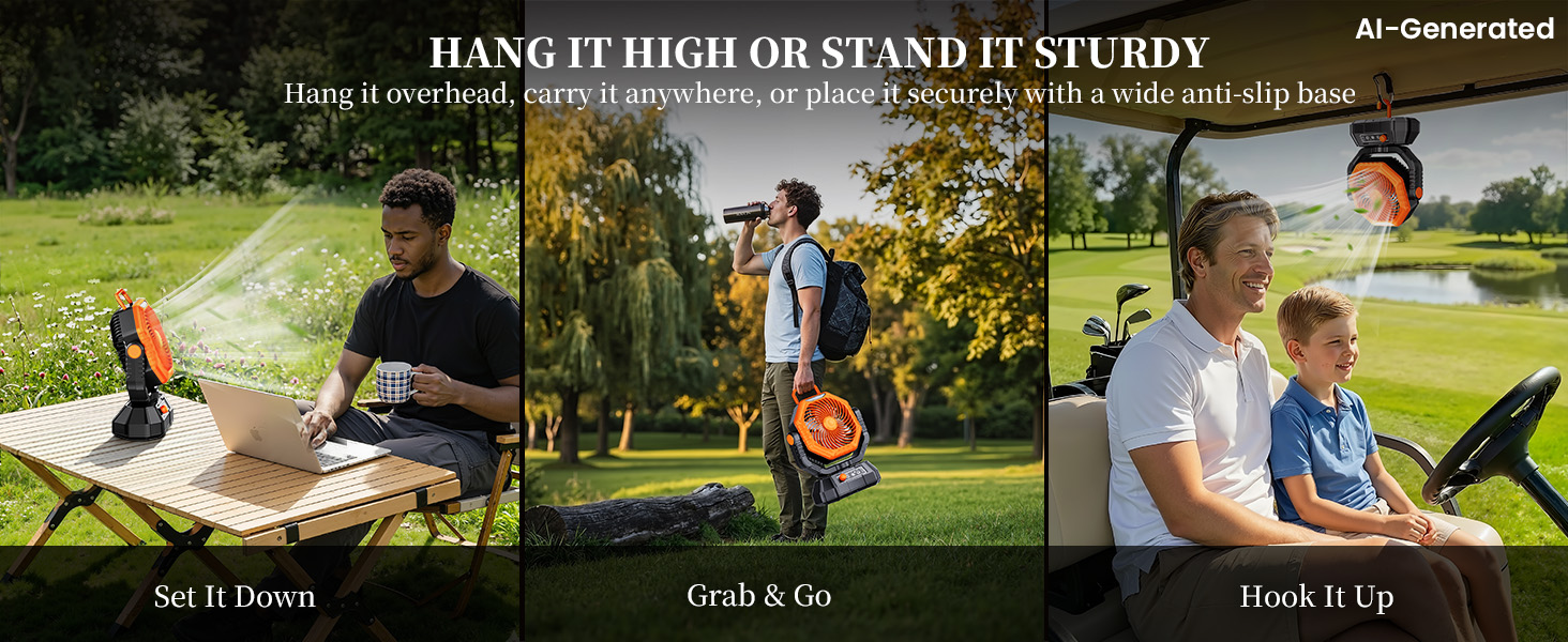 This portable fan for camping features a foldable hook and anti-slip base for flexible use