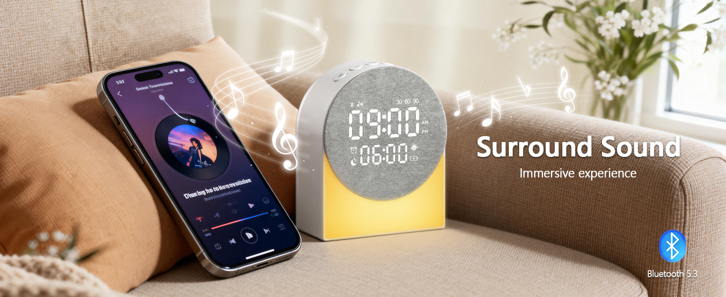 Text reads 'Surround Sound'. Mobile device displaying interface with audio controls and Bluetooth connectivity indicator.
