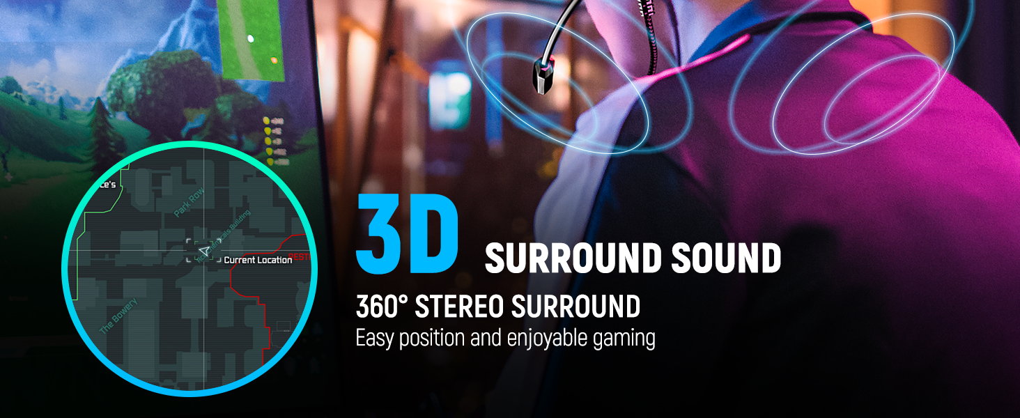 Gaming audio promotional graphic showing 3D surround sound capability with blue and pink neon lighting effects and '3D Surround Sound' text.