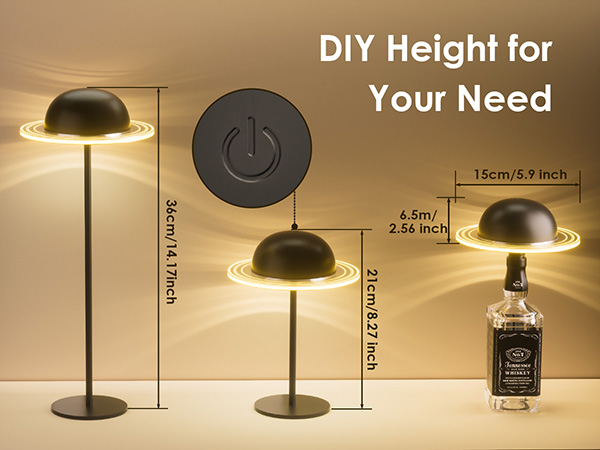 Text reads 'DIY Height for Your Need'. Multiple pendant lights shown at different hanging heights with measurement indicators, demonstrating adjustable cord lengths.